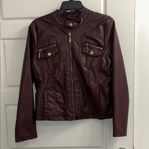New Look Dark Brown Faux Leather Jacket with Gold Accents